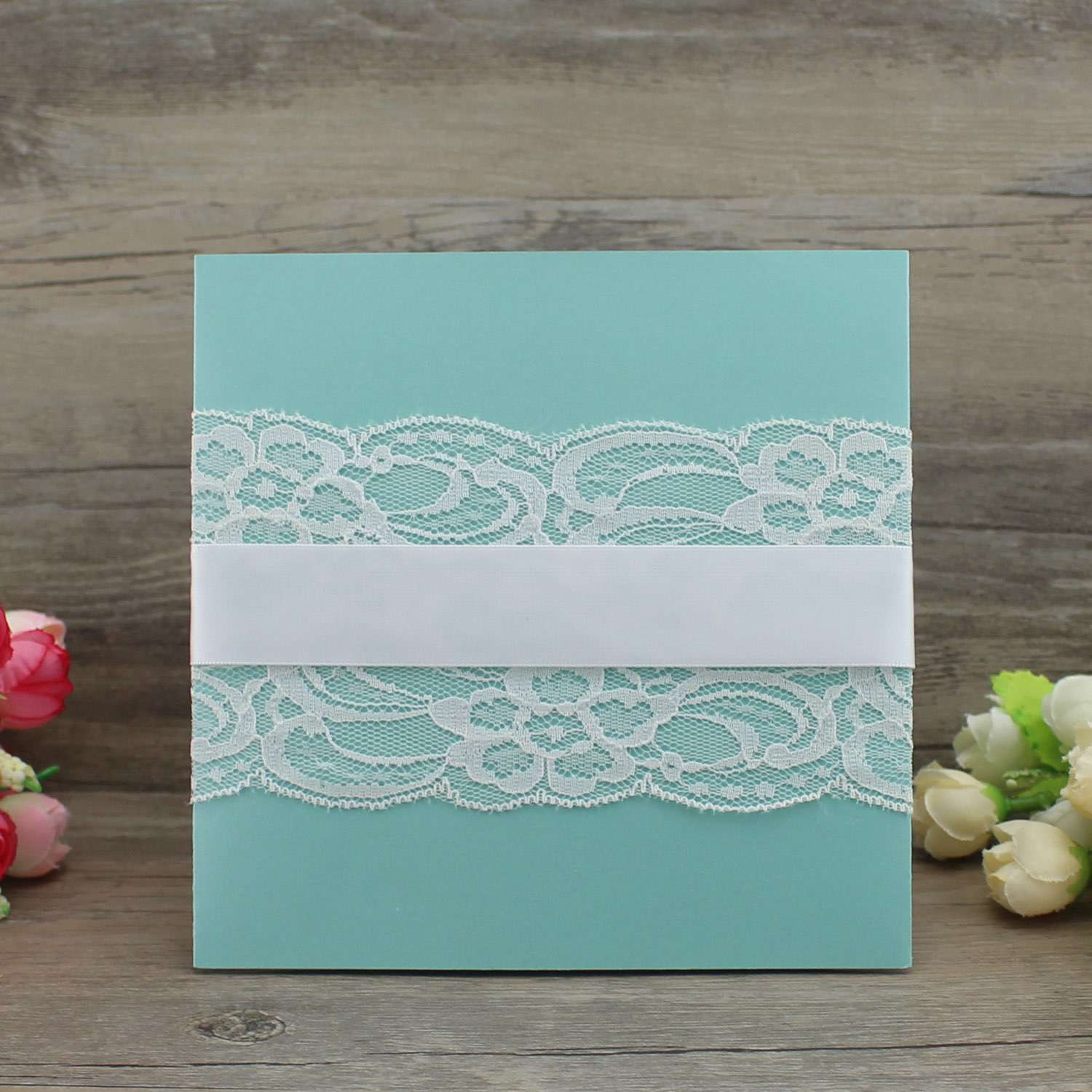 Gate Fold Lace Invitation Card with Ribbon Bow Marriage Invitation Customized